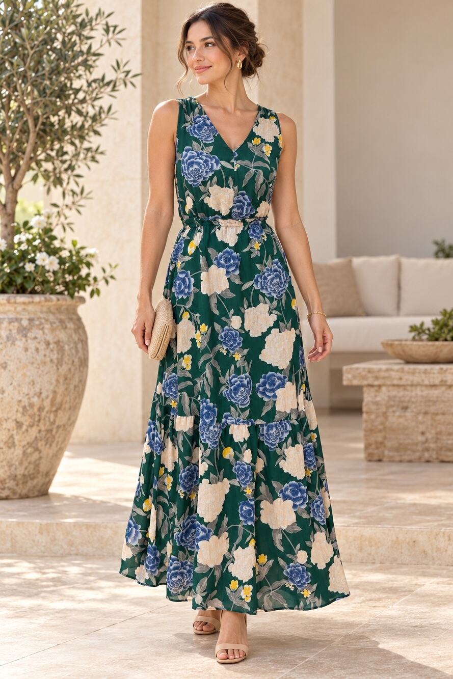 Merona XS Green Blue Floral Sleeveless V Neck Drawstring Waist Maxi Dress Summer